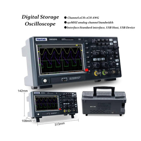 DSO2D15 Digital Storage Oscilloscope with 150MHz Bandwidth, front and side view, showing controls and screen.