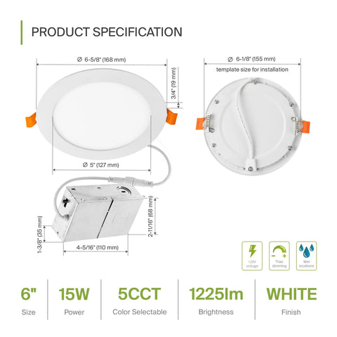 Product specification of 12 Pack Ultra Thin 6 Inch LED Recessed Lights With Junction Box, 5 CCT Selectable 2700K-5000K