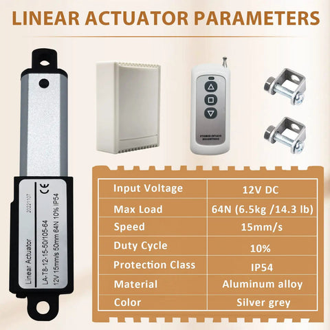 Ultra Compact 12V DC Linear Actuator With Remote Control Kit Two Inch Stroke 64N Load About 14.4 Lb includes components and specs
