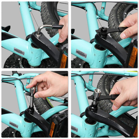 Bike Crank Puller Tool Set With Bottom Bracket Remover And Allen Key Wrench Square Head And Auxiliary Wrench Bicycle Extractor, tools in use