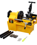 Built Different Heavy Duty Electric Pipe Threader Threading Machine With Self Oiling System and NPT BSP Dies, yellow design with cutting pipes.