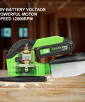 Green Galax Pro sander with 20V lithium battery and transparent dust collection box on a wooden surface in a workshop setting.