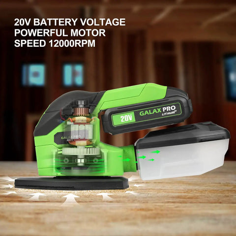 Badass 20V Cordless Detail Sander With 2 Amp Hour Battery And Twenty Sanding Discs For Smooth Wood Finishing And Zero Hassle Metal Polishing Delivering Killer 12000 RPM Power For Quick Home Projects, showcasing the internal motor and battery.