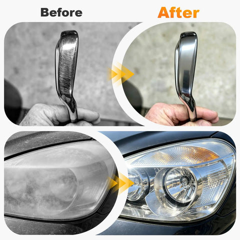 Before and after of metal and headlight surface with Pro Grade 4 Inch Metal Buffing And Polishing Kit For Drill With One Quarter Inch Adapter.