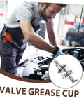 Mechanic using High Pressure Grease Cup Needle Valve, Manual Grease Filling Tool For Fittings And Lathe Machines, Pro Grade Metal Parts.