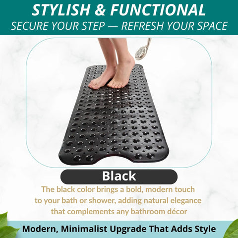 Extra Long Non Slip Bath Mat With Built Tough Suction Cups That Hold Fast On Wet Tub And Shower Floors Heavy Duty Anti Skid Safety Runner Strip In Matte Black 40X16, featuring a foot on the mat.