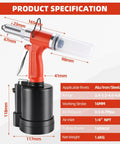 Heavy Duty Pneumatic Pop Rivet Gun And Air Riveter Tool For Fastener Assembly showing specifications and dimensions, lightweight aluminum design.
