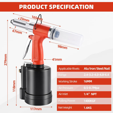 Heavy Duty Pneumatic Pop Rivet Gun And Air Riveter Tool For Fastener Assembly showing specifications and dimensions, lightweight aluminum design.