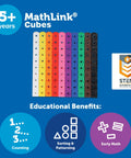 Hands-On Math Link Cubes Set Of 100 For Kids 5 And Up, multicolor cubes shown, ideal for counting and patterning in STEM learning.