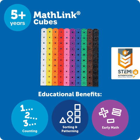Hands-On Math Link Cubes Set Of 100 For Kids 5 And Up, multicolor cubes shown, ideal for counting and patterning in STEM learning.