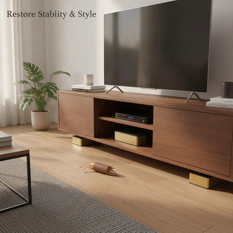 L Shaped Furniture Leg Replacement With Stainless Steel Support for TV stand, showcasing gold finish and leveling feature.