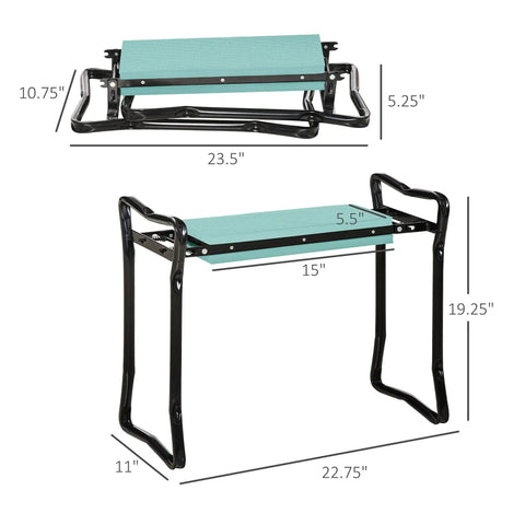 Thick Padded Garden Kneeler And Seat Bench For Easy Weeding Foldable Garden Stool That Supports Knees And Back Lightweight Green Pad Cushion Great For Planting And Maintenance, dimensions displayed.