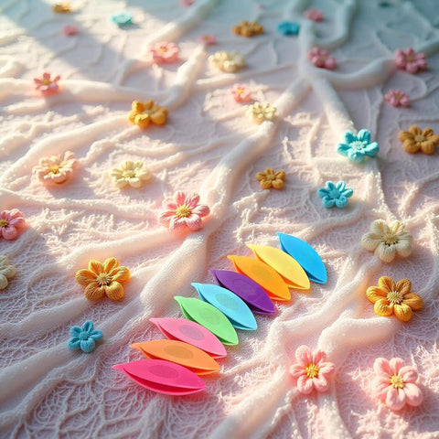 Nine Colorful Plastic Tatting Shuttles Set for Lace DIY Hand Lacemaking Craft displayed on textured floral fabric