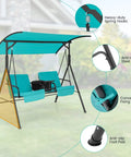 Two Person Porch Swing With Pivot Storage Table And Cooler Bag, Dual Cup Holders, Removable Cushions, Adjustable Canopy, Turquoise