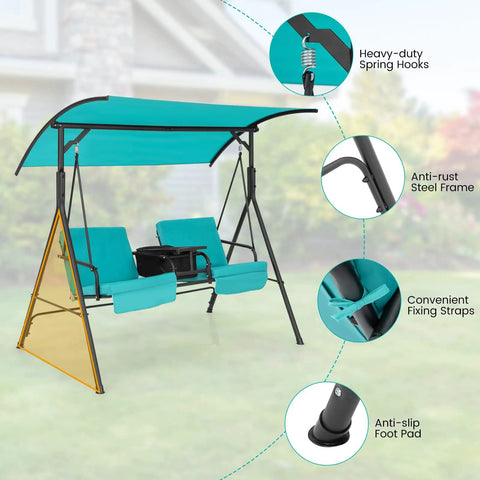Two Person Porch Swing With Pivot Storage Table And Cooler Bag, Dual Cup Holders, Removable Cushions, Adjustable Canopy, Turquoise