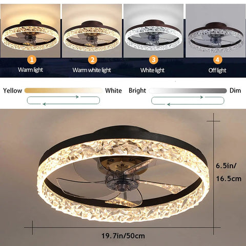 19.7 Inch Modern Low Profile Ceiling Fan With Lights, 6 Speed Remote, Dimmable LED, Flush Mount, Black, lighting variations shown