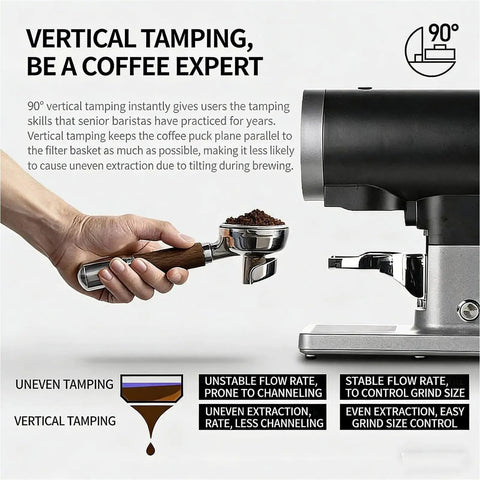 Heavy Duty 58mm Automatic Coffee Tamper With Adjustable Portafilter Bracket And Snappy Digital Touch Control demonstrating 90° vertical tamping technique.