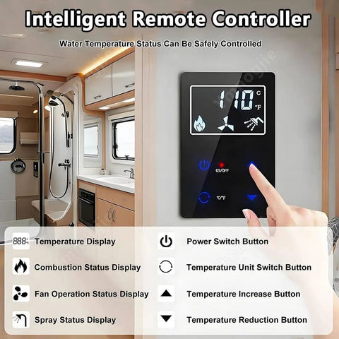 Intelligent remote controller for 12V Electric Instant Hot Water Heater For Camper And RV Shower with temperature display.