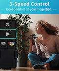 Direct Replacement Ceiling Fan Remote Control Kit with 3 speeds, shown with a woman enjoying a breeze indoors, universal compatibility for most brands