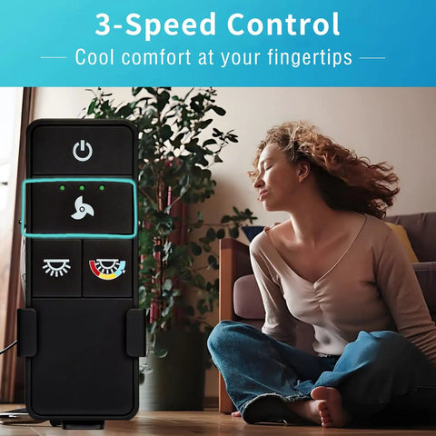 Direct Replacement Ceiling Fan Remote Control Kit with 3 speeds, shown with a woman enjoying a breeze indoors, universal compatibility for most brands