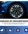 Quartet Of Sleek Black Wheel Center Caps Crafted From Hella Durable Abs, close-up of modern vehicle wheel with sleek design.