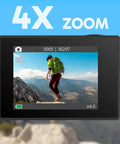 4K Action Camera With 20MP Photos, WiFi, EIS Stabilization, 131ft Waterproof, showing mountain landscape on screen with 4X zoom.