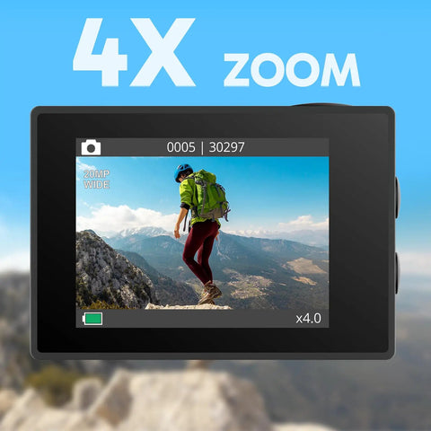 4K Action Camera With 20MP Photos, WiFi, EIS Stabilization, 131ft Waterproof, showing mountain landscape on screen with 4X zoom.