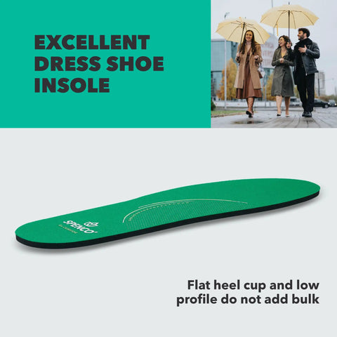 Rx Comfort Thin Lightweight Orthotic Insole With Spencore Cushioning displayed with green color for pain relief and everyday walking.