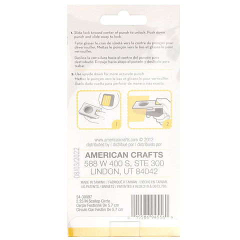 Back packaging of 2.25 Inch Scalloped Circle Punch For Scrapbooks And Card Making showing instructions and product details