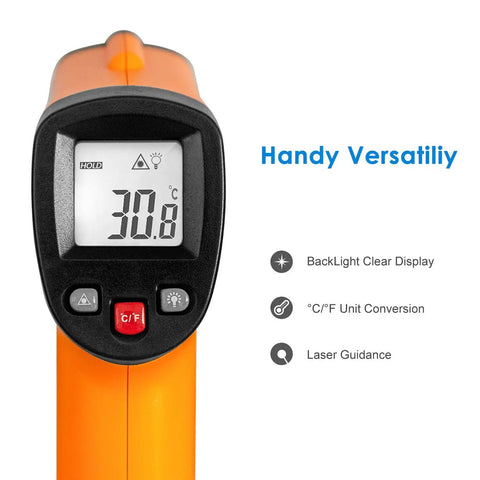 Non Contact Infrared Thermometer For Home Cooks And Shop Floor Pros With LCD Display Switchable Celsius Fahrenheit Temperature Range From Minus 58 Fahrenheit To 1022 Fahrenheit Backlit Screen Data Hold Low Battery Indicator Auto Off, orange handheld front view