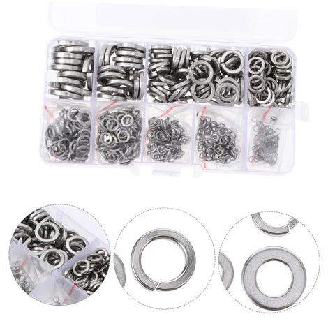 600 Piece Stainless Steel Spring Washers Kit Split Lock Gaskets For Vibration Dampening And Anti Loosening Hardware Assortment Perfect For Cars Trucks Buses Machinery And Marine Equipment In Tough Vibration Environments, assorted sizes in plastic case