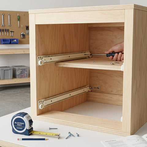 Heavy Duty 14 Inch Drawer Slides Side Mount Rails Steel Replacement for Cabinet Drawers and Dresser Hardware Smooth Sliding High Load Capacity Versatile for Wardrobes Keyboard Trays and Other Drawers installed in a wood cabinet