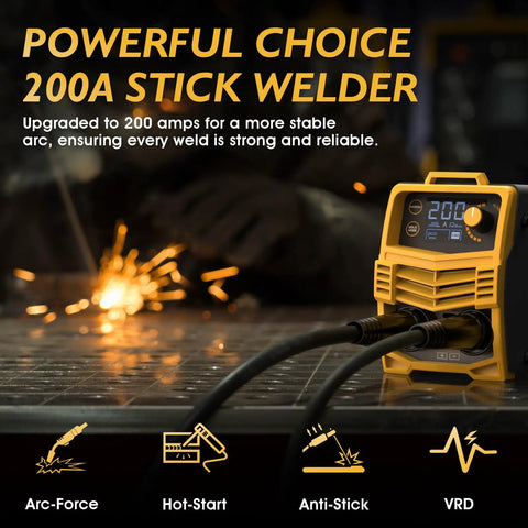 Compact 200A 110V Stick Welder With DC Inverter in action, sparks from welding on metal surface, close-up of welder features