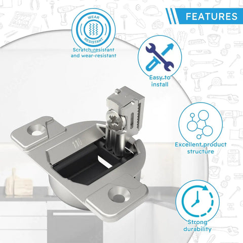 Universal Cabinet Door Hinges 8 Pack Replacement For 110 Degree Compact 33 Screw In Self Closing Hardware With Screws No Sweat Install Guaranteed Smooth Operation close-up of metal hinge with wear-resistant features