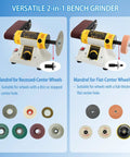 750W Jewelry Bench Polisher And Buffer Machine With Drill Chuck, showing two grinding wheel options and mandrels.