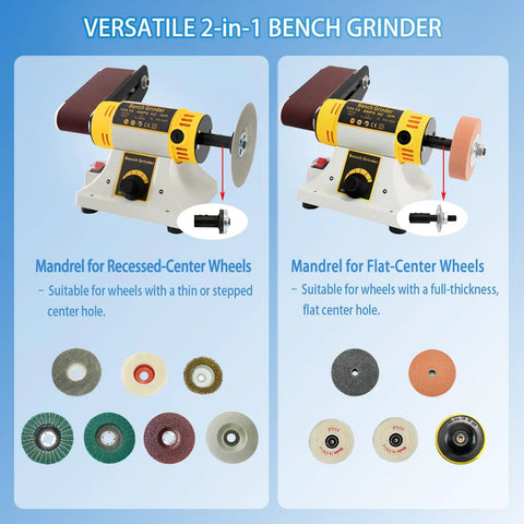 750W Jewelry Bench Polisher And Buffer Machine With Drill Chuck, showing two grinding wheel options and mandrels.