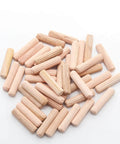 Wooden Dowel Pins 48 Pieces 6mm By 25mm And One Quarter Inch By One Inch Fluted Beveled Ends Hardwood Pegs for DIY projects.
