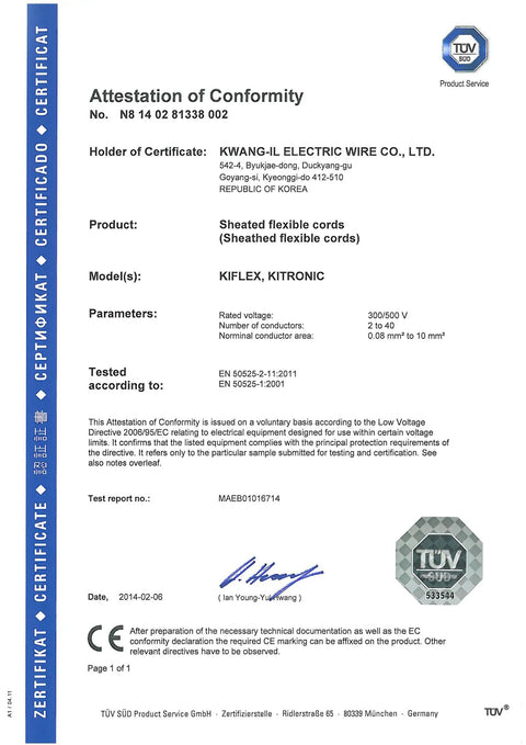 Attestation of Conformity document for Kwang-il Electric Wire Co., Ltd., detailing product and certification information.