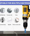 Built Like A Tank Heavy Duty Diamond Hole Saw Set With Razor Sharp Pilot Drill Bit For Porcelain Ceramic Tile Granite Marble And Brick An Eleven Piece Kit Ranging From One Quarter To Two Inches, showing drill suitable for various materials.