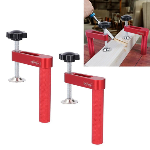 2 Pack 20mm Aluminum Bench Dog Clamps for Woodworking, red design with nonmarking silicone pads, in use on wooden surface.