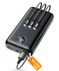 Massive 60000mAh Power Bank With 3 In 1 USB-C iOS Micro USB Cable And 22.5W Fast Charge, black exterior and digital display.