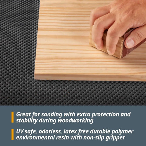 Hand sanding wood on Heavy Duty Non Slip Mat For Workshop And Workbench 24 By 48 Inch Grippy Anti Slip Grip Pad