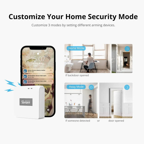 Zigbee Bridge Pro Hub ZigBee 3.0 Smart Gateway and smartphone displaying home security modes for easy app control.