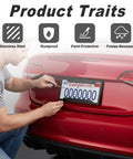 Person installing Top Notch Black License Plate Frames Two Pack With Hardcore Stainless Steel Construction on red car.
