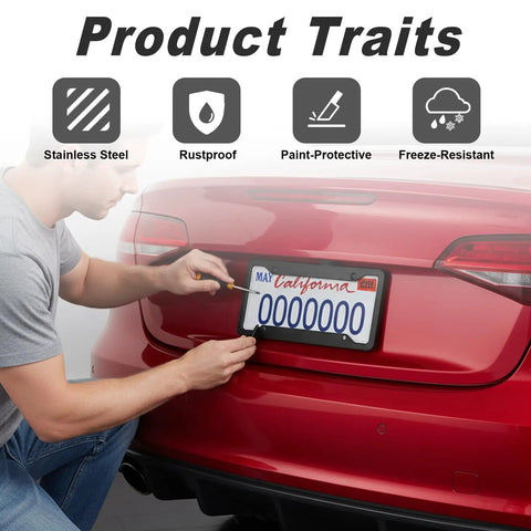 Person installing Top Notch Black License Plate Frames Two Pack With Hardcore Stainless Steel Construction on red car.