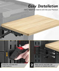 Heavy Duty Foldable Work Table For Toolbox Side Mount Turn Your Toolbox Into A Mobile Workshop With A Flat Spacious Surface For Tools Laptop Tablet And Notes On The Go It Fits Most Toolbox Systems And Stays Stable On Any Job Site showing installation process and bamboo top attached to toolbox.