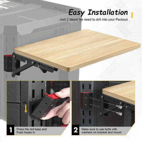 Heavy Duty Foldable Work Table For Toolbox Side Mount Turn Your Toolbox Into A Mobile Workshop With A Flat Spacious Surface For Tools Laptop Tablet And Notes On The Go It Fits Most Toolbox Systems And Stays Stable On Any Job Site showing installation process and bamboo top attached to toolbox.