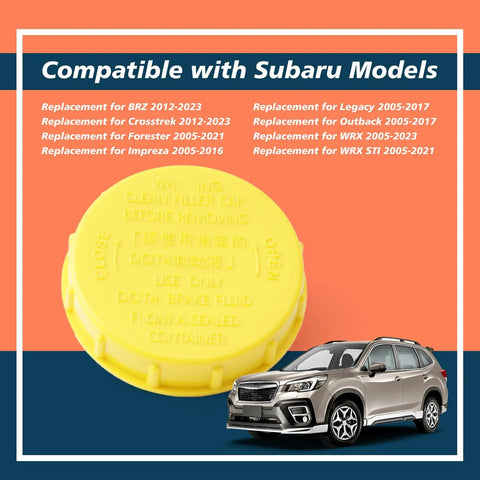 Brake Fluid Reservoir Cap Replacement For Subaru BRZ Crosstrek Forester Impreza Legacy Outback WRX STI Direct Fit Master Cylinder Tank Cap With Durable Seal And Easy Install shown on vibrant background with Subaru model compatibility list.