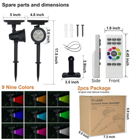 Solar Spotlight With Remote Control, 9 Color Auto Change Or Fixed Modes For Yard, product dimensions and packaging details