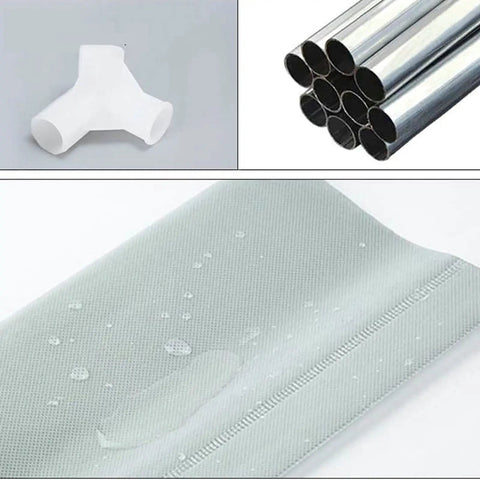 Game Changer Portable Wardrobe Closet Organizer With Dustproof Nonwoven Cover And Solid Steel Frame parts, including cover, steel tubes, and connectors.